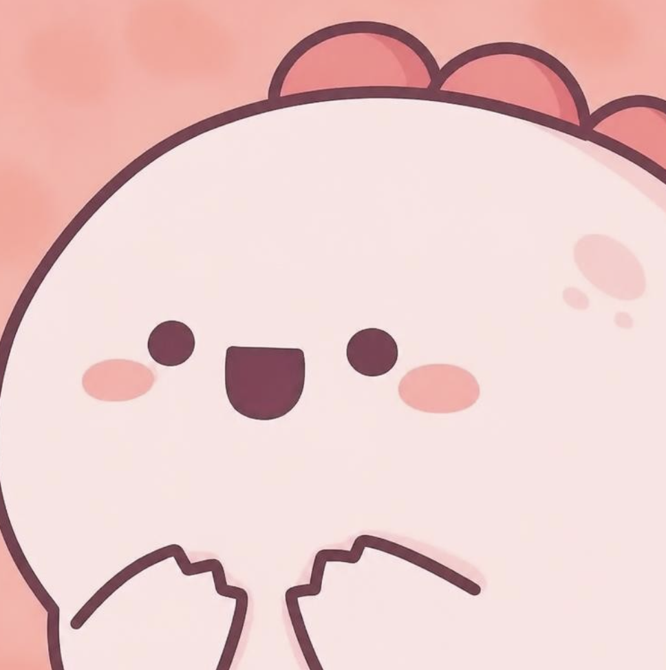 MOMO, a pink cartoon dinosaur, mid-thought with both hands raised to its chin